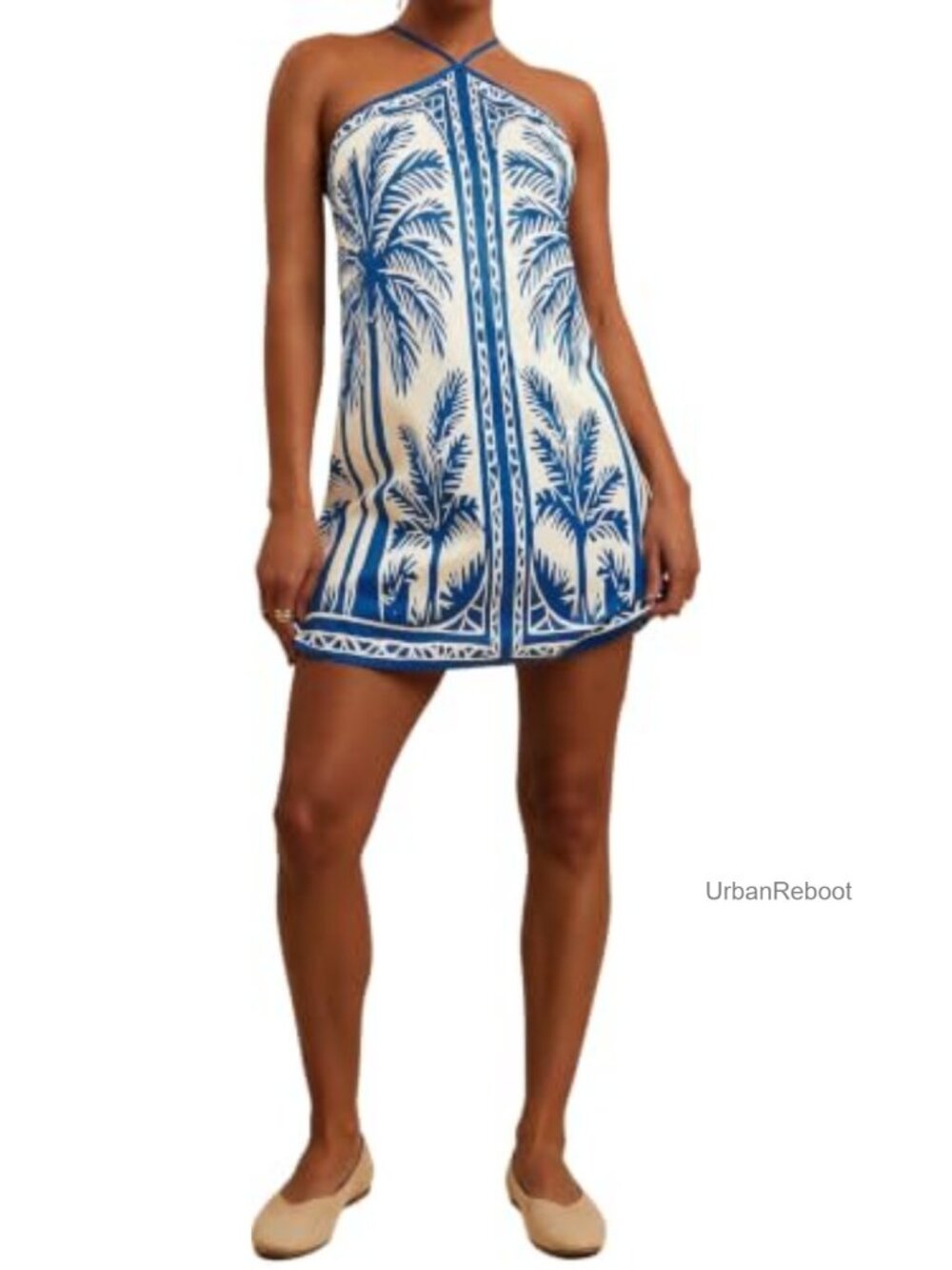 Tropical Halter Mini Dress Backless Sleeveless Beach Vacation Luau Outfit